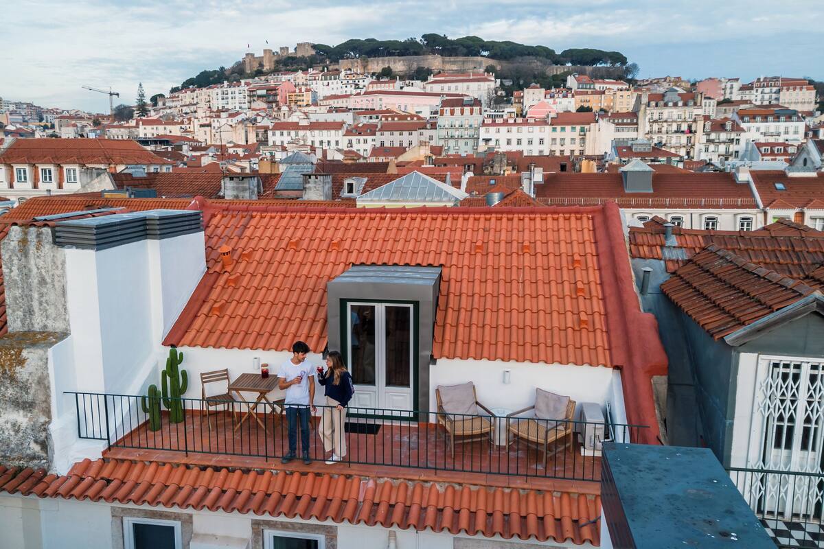A rooftop terrace with red-tiled roofs, a small door, and a cactus plant.