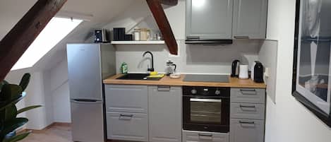 Een magnetron, een oven, een kookplaat, een vaatwasser