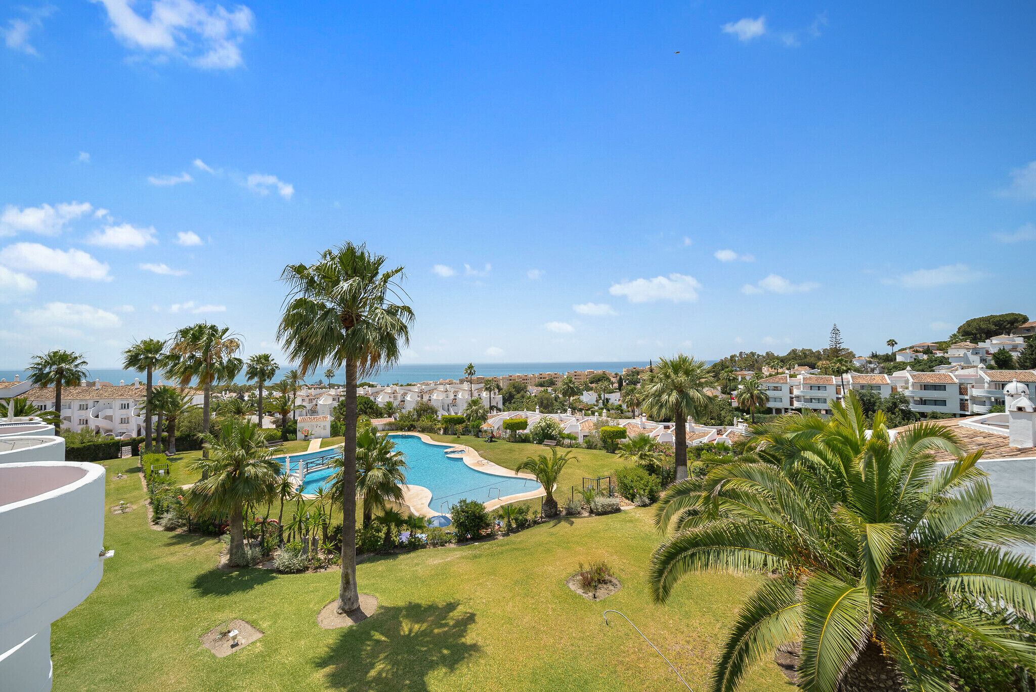 Un complex turístic amb piscina, palmeres i vistes al mar.