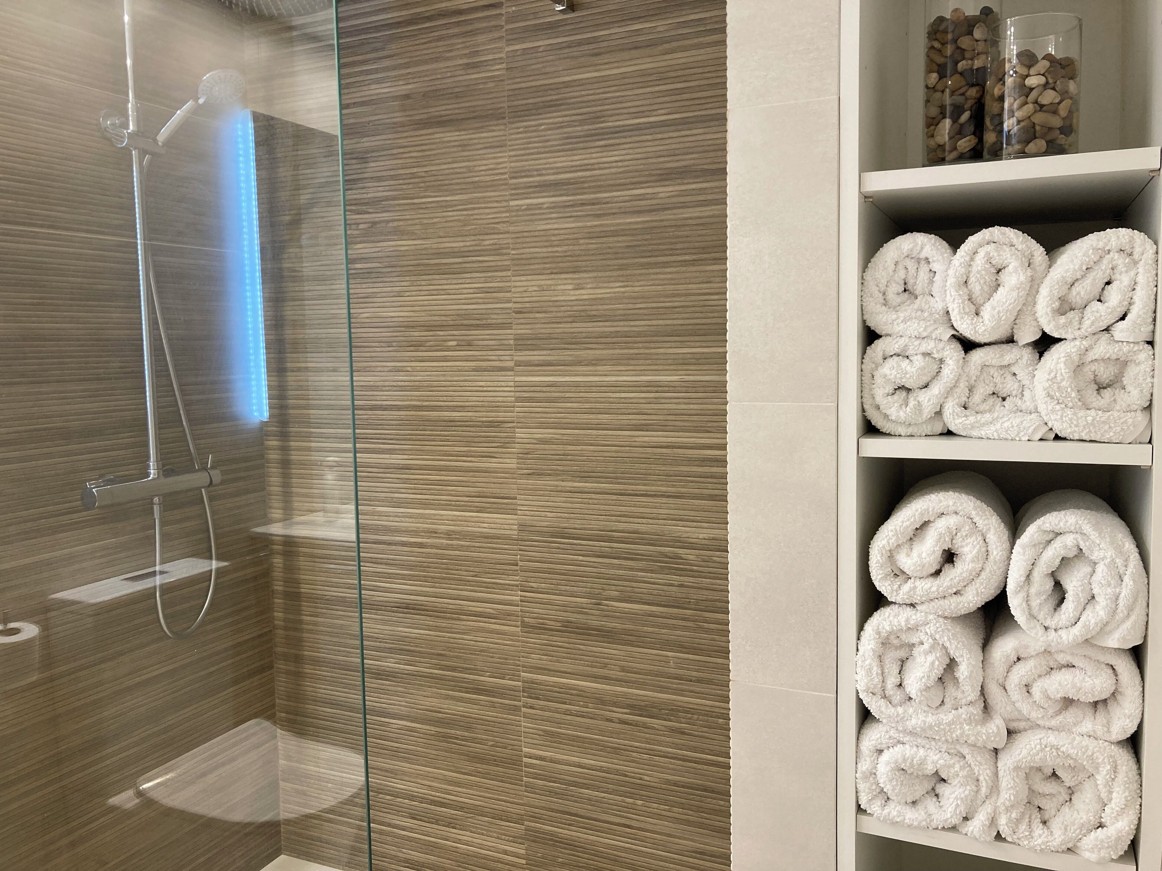 Hair dryer, towels, soap, toilet paper