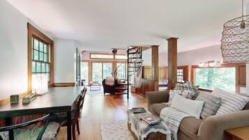 TV, fireplace, books