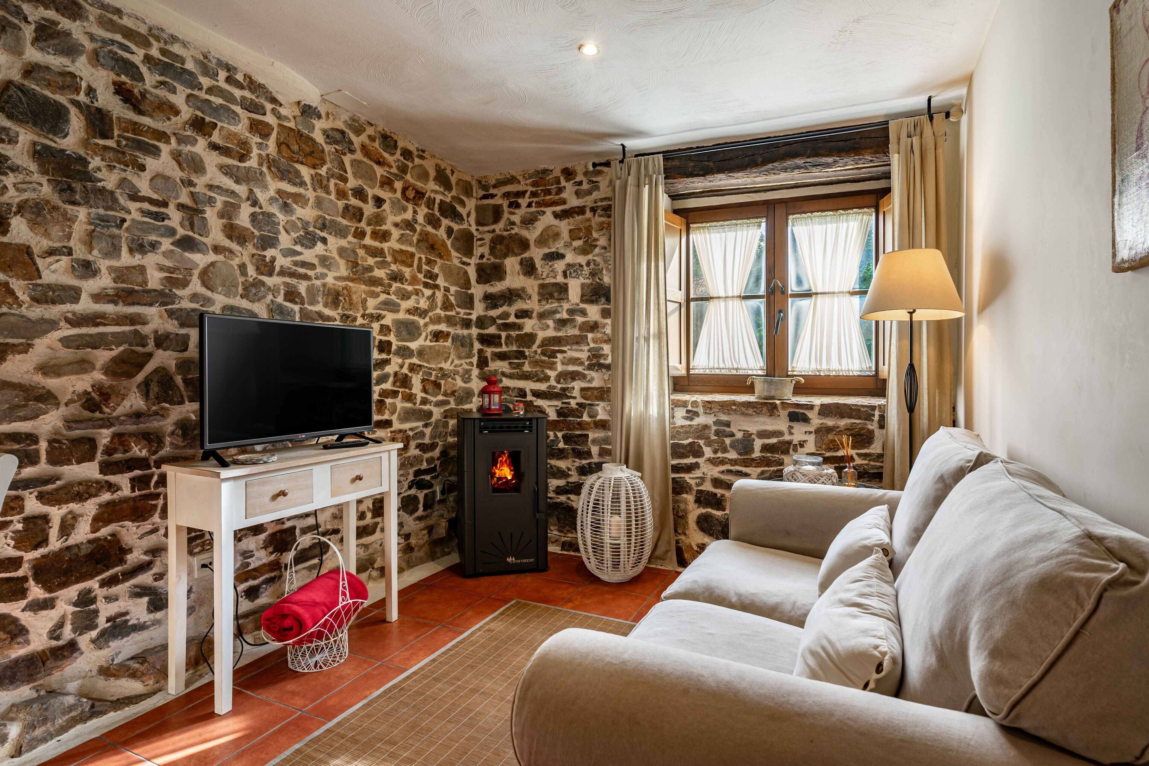 Una televisión, una chimenea, un reproductor de DVD