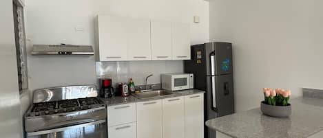 Fridge, microwave, stovetop, coffee/tea maker
