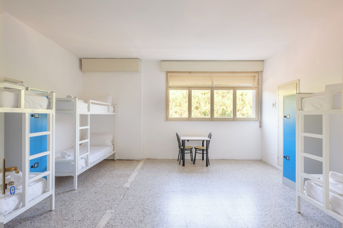 A room with bunk beds, a small table with chairs, and a window with blinds.