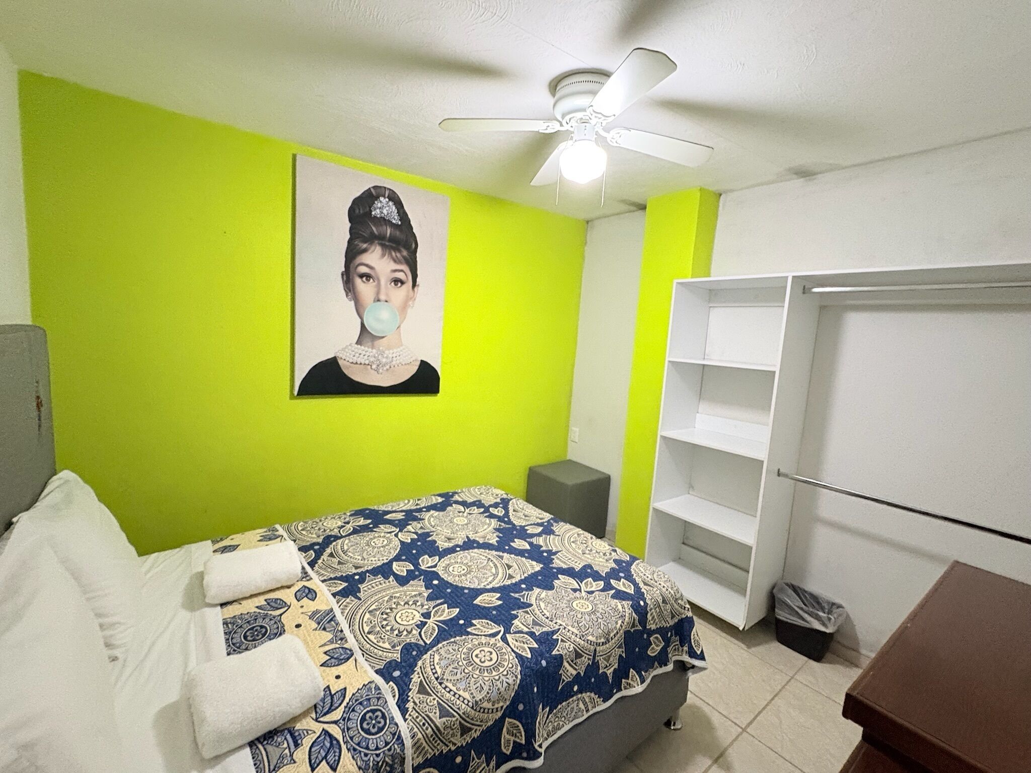A bedroom with a bed, a ceiling fan, a wardrobe, and a framed picture on the wall.