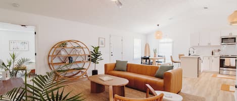 Smart TV, fireplace, table football, books
