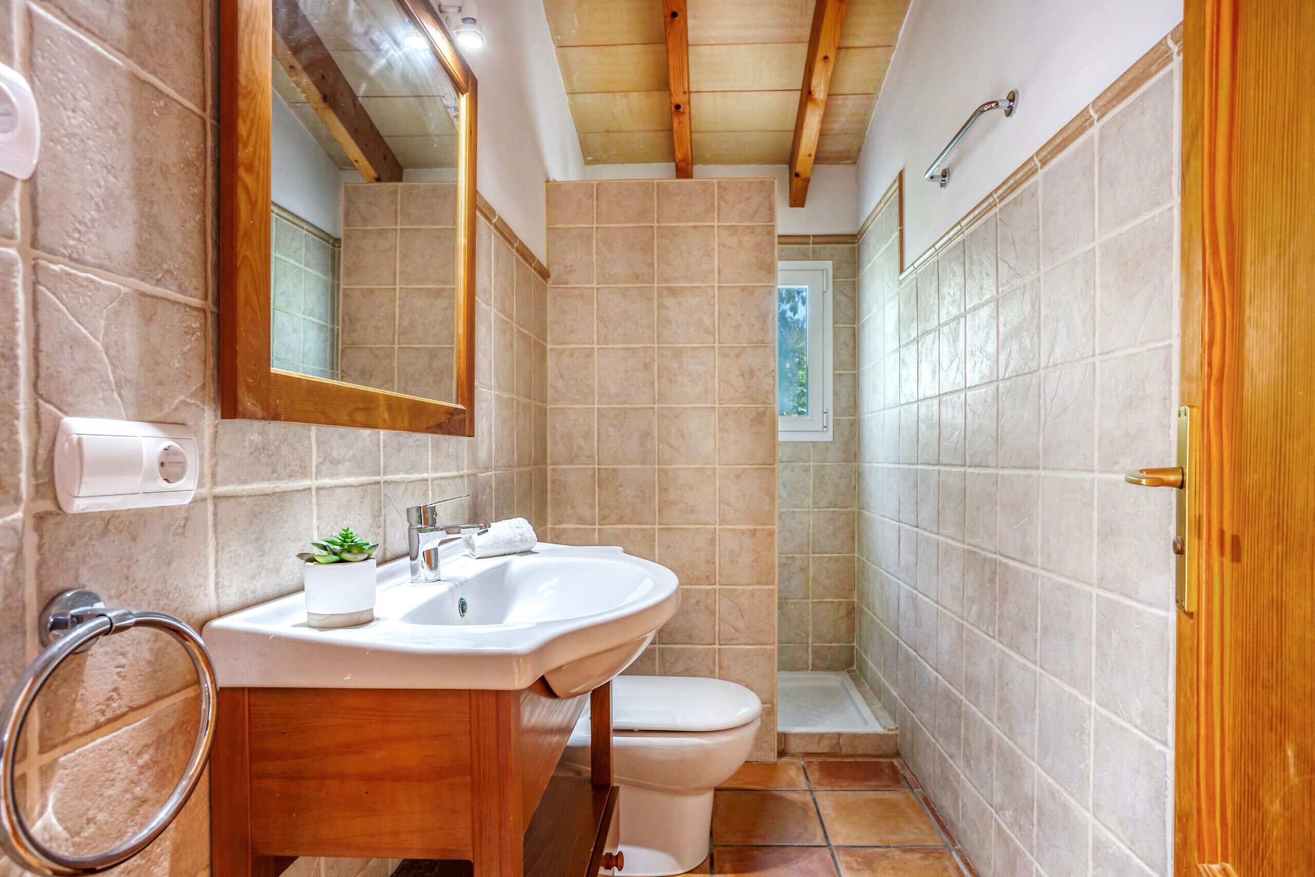 Un bagno con un mobile contenitore in legno, un lavandino, un water e uno spazio doccia.