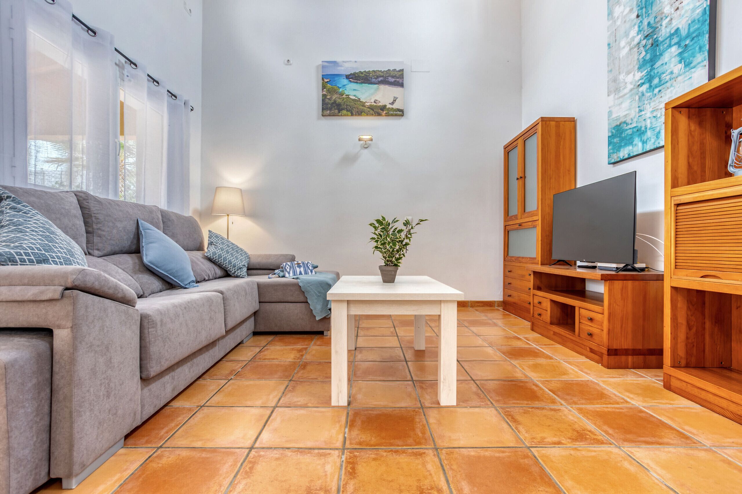 Een woonkamer met een bank, een bijzettafeltje met een plant, een televisie, houten kasten en een schilderij aan de muur.