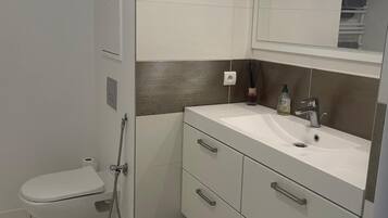 Hair dryer, towels, soap, toilet paper