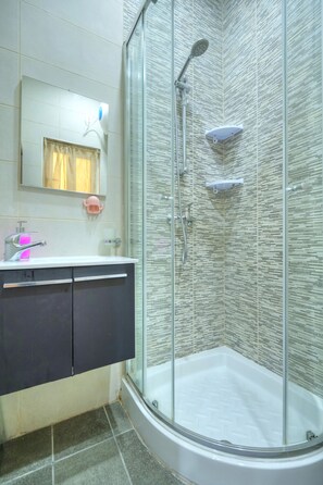 Shower, hair dryer, towels