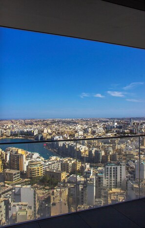 Una vista panorámica de la ciudad desde un edificio alto, con una mezcla de edificios modernos y antiguos, un río y un cielo azul despejado.