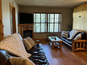 Smart TV, chimenea, libros y estéreo 