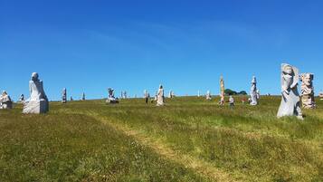 A grassy field with numerous stone statues scattered across it.