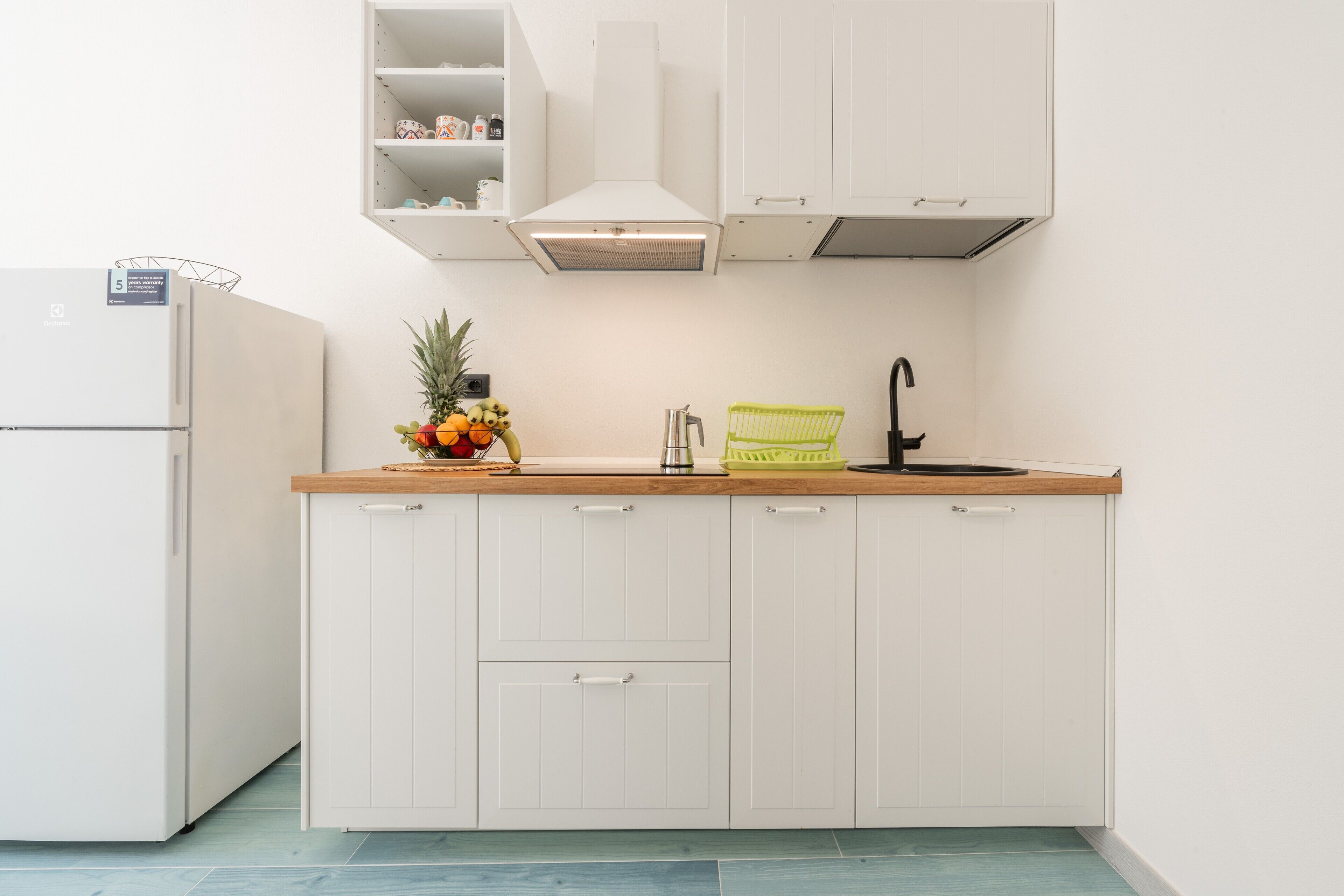 Fridge, oven, stovetop, coffee/tea maker