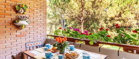 A table set with blue cups and saucers, a basket of bread, and a potted plant with red flowers.