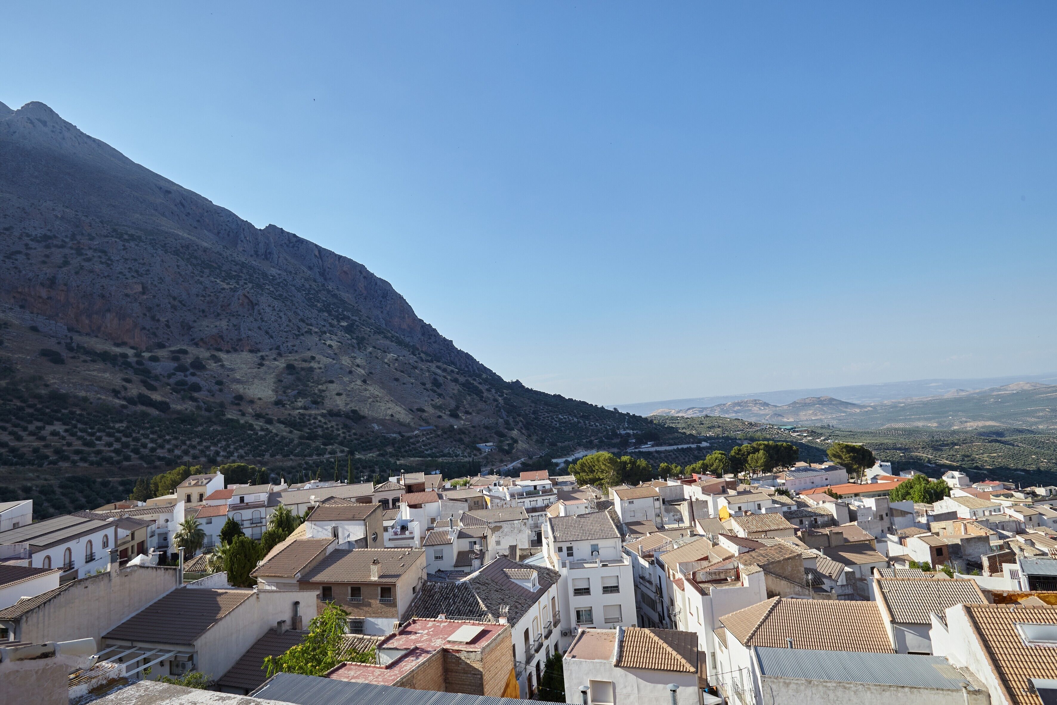 A town with buildings and a mountain in the background.
