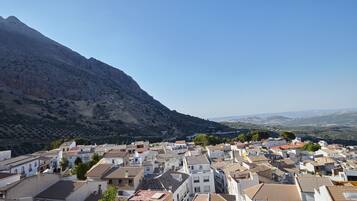 A town with buildings and a mountain in the background.
