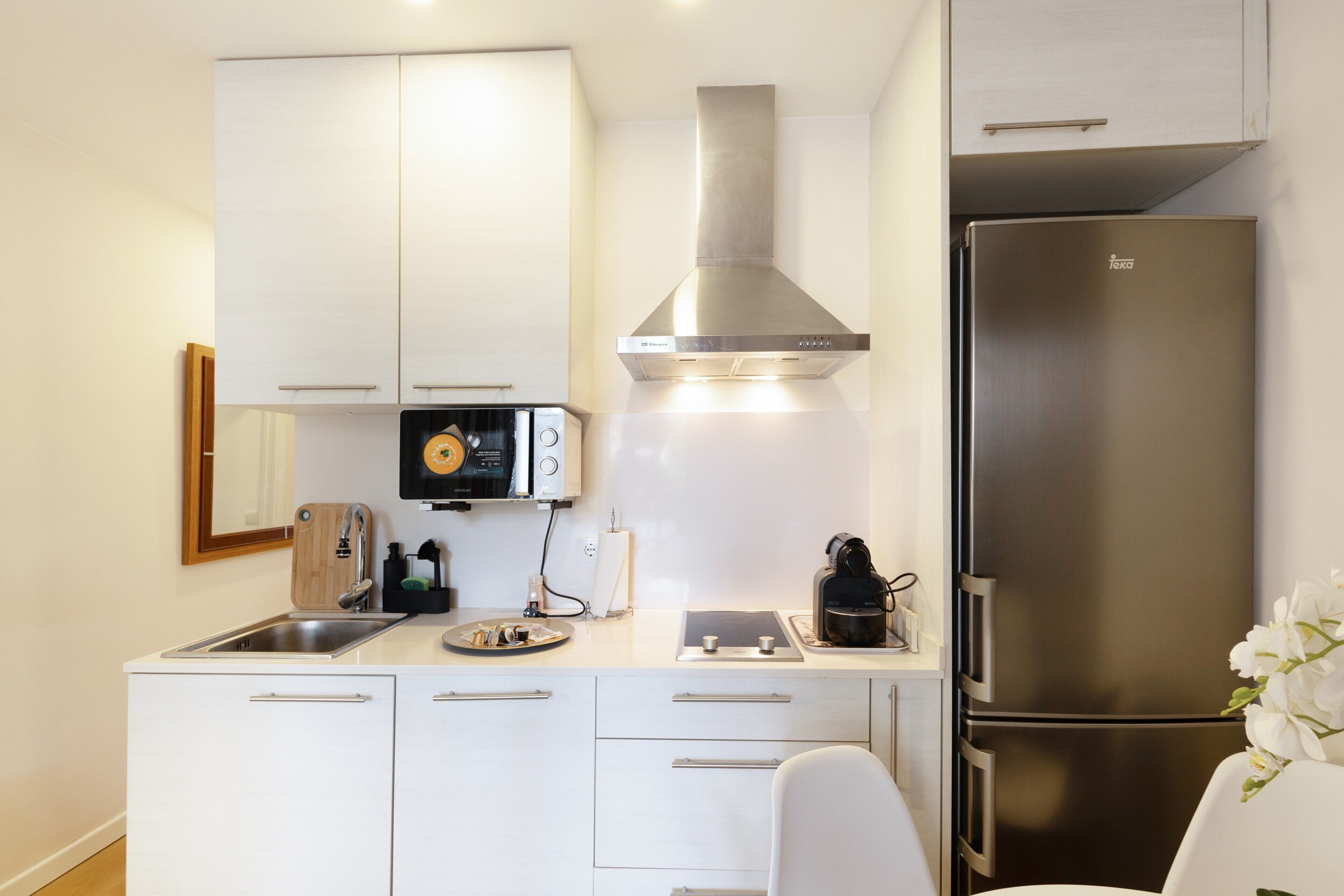 Refrigerador, microondas, lavavajillas y cafetera y tetera 