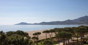 Eine Küstenlandschaft mit Strand, Bäumen und Bergen im Hintergrund.