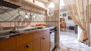 Une cuisine équipée d’un évier en acier inoxydable, d’une cuisinière et d’un saladier rempli de fruits. Une fenêtre offre une vue sur l’extérieur.
