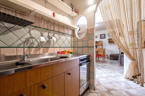 Une cuisine équipée d’un évier en acier inoxydable, d’un four à micro-ondes et d’une cuisinière. On y trouve un panier à fruits sur le comptoir et un étendoir suspendu au-dessus de l’évier.