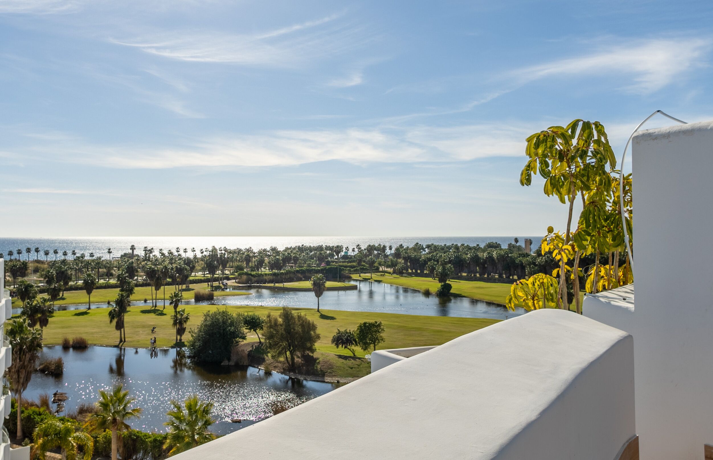 Vista de un resort con piscina, palmeras y cielo despejado.