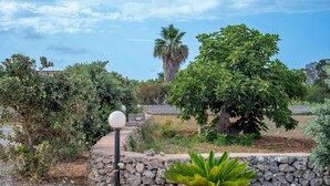 A landscaped garden with various trees, a stone wall, and a lamp post.