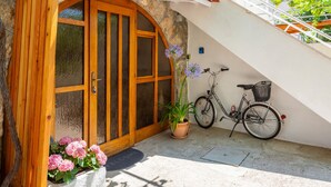 A wooden door with a stone arch, a bicycle, and a potted plant in front.