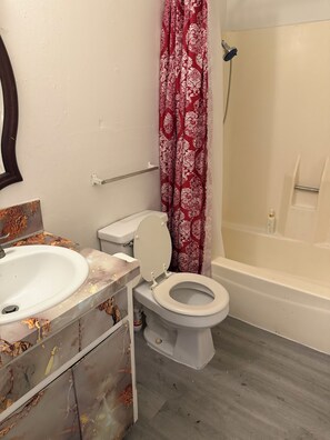 A bathroom with a toilet, sink, shower, and a mirror.