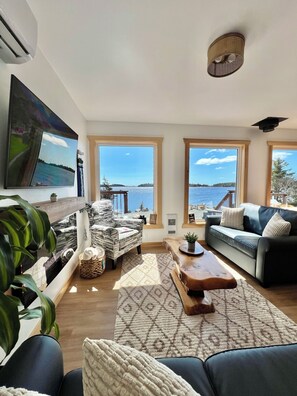 Una Smart TV, una chimenea, libros