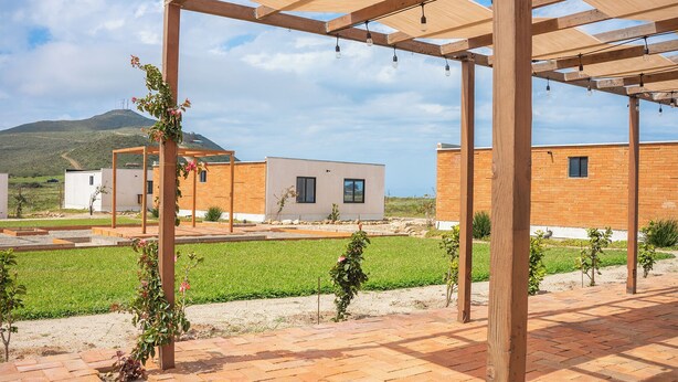 A modern outdoor patio area with wooden pergolas and hanging lights, a brick pathway, and a view of a brick building with a flat roof. - Single Cabin #5 - Oak Point (Ensenada)