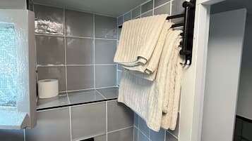 Shower, hair dryer, towels, soap