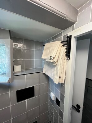 Dusj, hårføner, håndklær og såpe