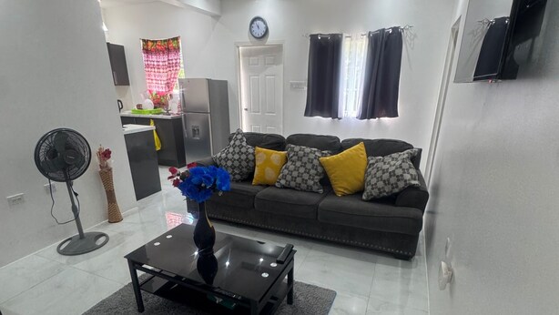 A modern living room with a sofa, coffee table, and a fan.