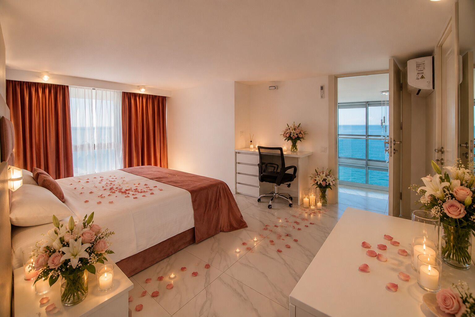 Habitación de hotel con cama, escritorio y vista al mar.