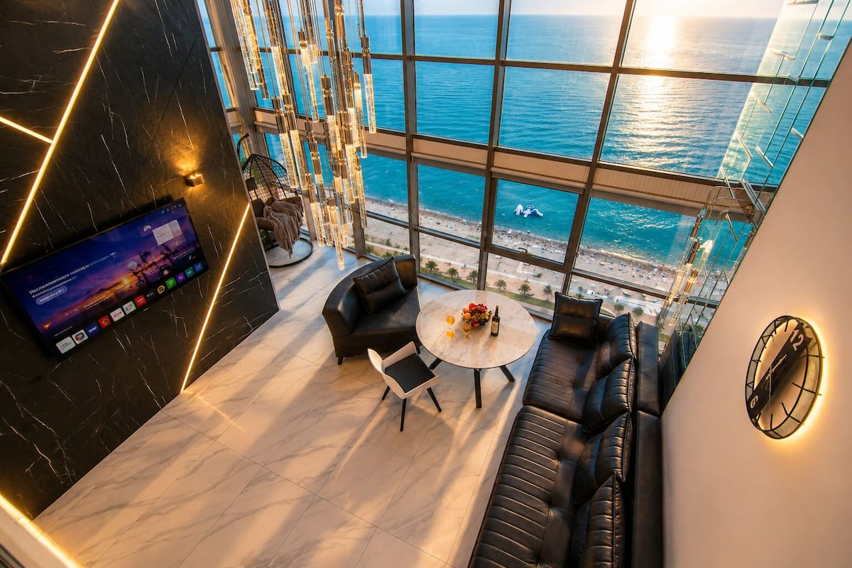 Panorama Mountain and Sea view | Living area | 45-inch Smart TV with digital channels, heated floors