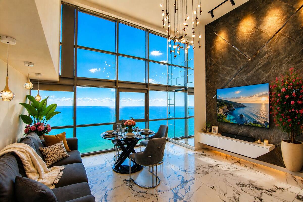 A modern living room with a large window overlooking the ocean, a dining area, and a flat-screen TV mounted on a marble wall.
