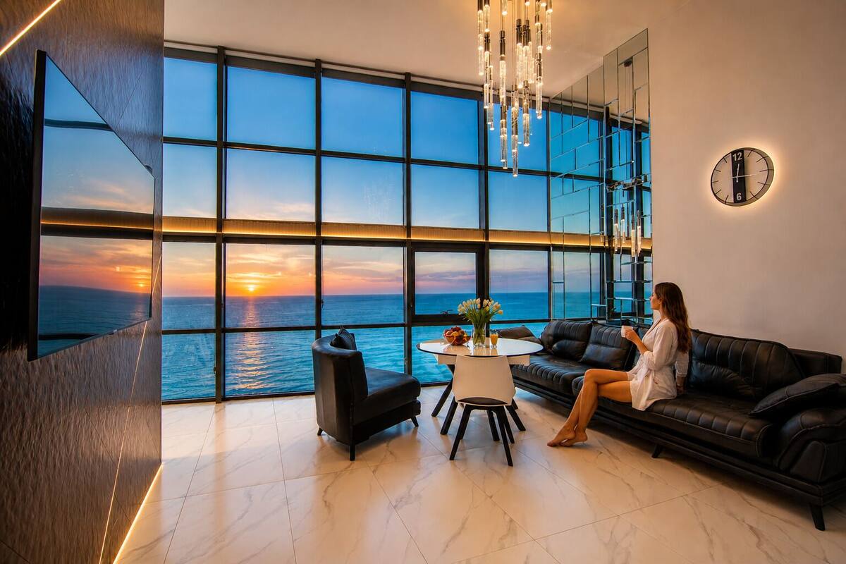 A modern interior with large windows, a black leather sofa, a round table, and a clock on the wall.