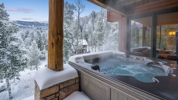 Un bain à remous doté d’une base en pierre, entouré d’une terrasse en bois, offrant une vue sur un paysage enneigé avec des arbres et des montagnes.
