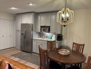 Fridge, microwave, coffee/tea maker, toaster