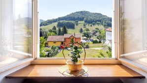 Ein Fenster mit Blick auf eine ländliche Landschaft, darunter Häuser und ein Hügel.