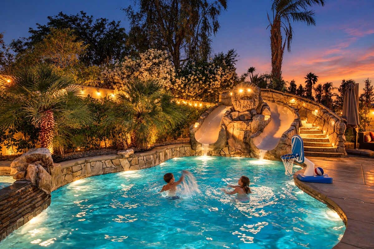 A swimming pool with a waterfall feature, surrounded by stone walls and palm trees.