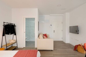 Habitación de hotel con cama, sofá, televisor, perchero y puerta que da a un baño.