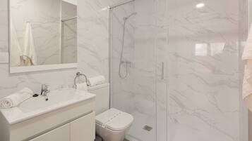 Shower, hair dryer, towels