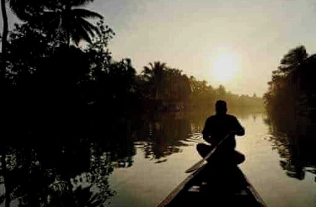 A silhouette of a person paddling a boat in a calm river surrounded by trees.