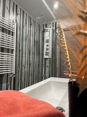 Dusche, umweltfreundliche Kosmetikartikel, Haartrockner, Bidet