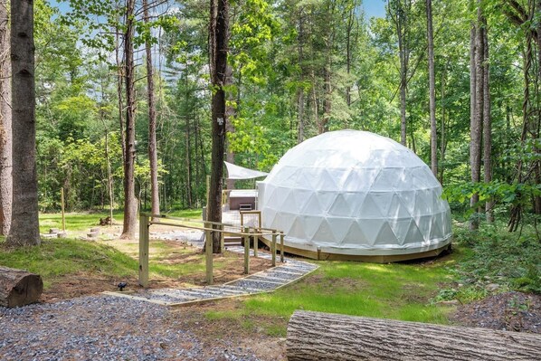 Une structure en forme de dôme géodésique, située dans un cadre forestier, avec une terrasse en bois menant à un espace aménagé pour dormir.