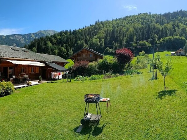Une cabane en bois avec une véranda, un barbecue et un champ verdoyant, avec des arbres et des montagnes en arrière-plan.