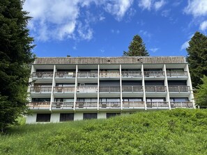 Un immeuble à plusieurs étages doté de balcons, entouré de verdure et d’arbres.