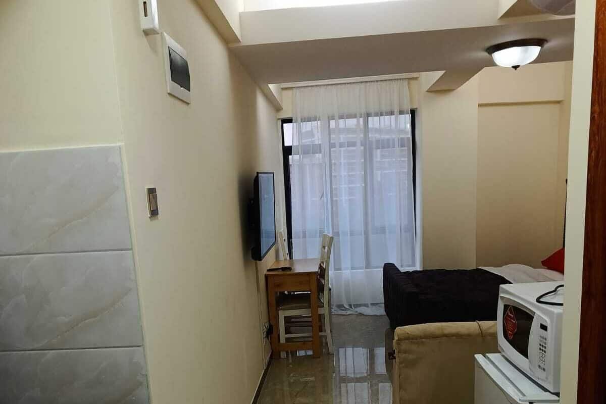 A compact living space with a kitchenette, a sofa, a TV, and a dining area.